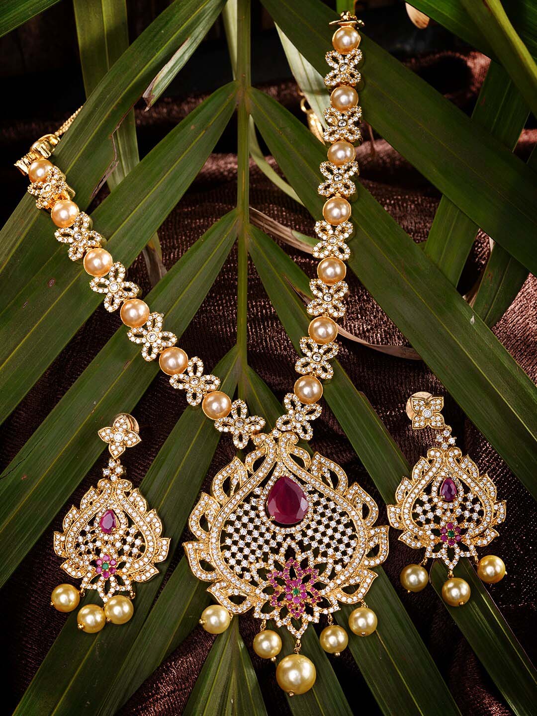 Saraf RS Jewellery Gold-Polished White & Pink American Diamond Studded & Beaded Handcrafted Jewellery Set | Grocsy