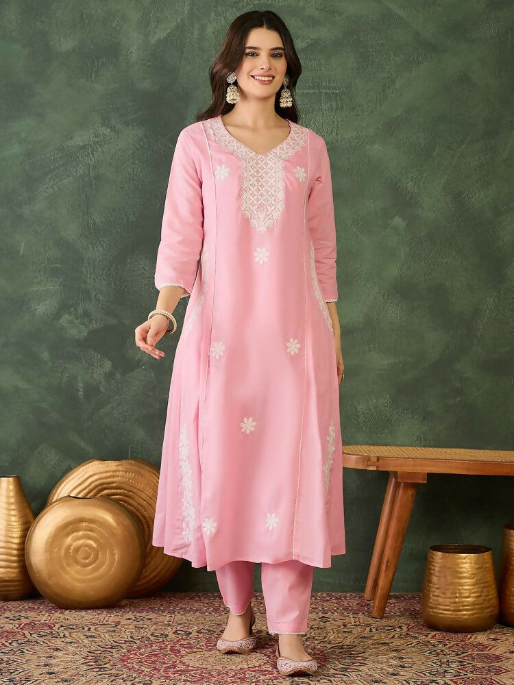 The52 Women's Beautiful Thread Work Cotton satin Fabric Flared Kurta Pant and Dupatta Set | Grocsy