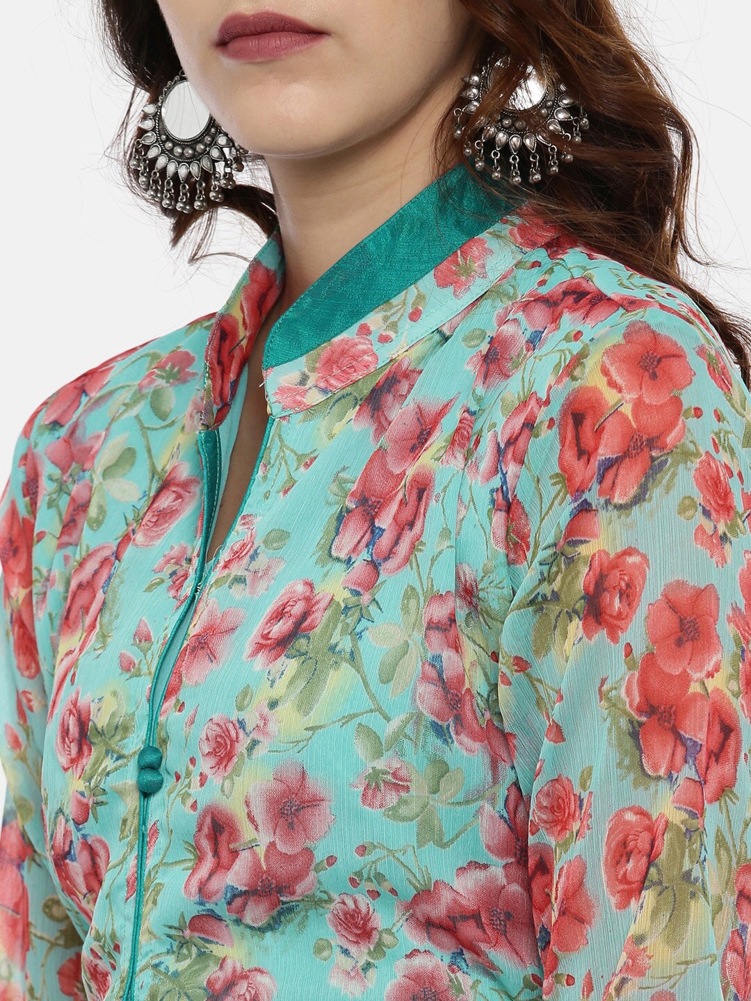 Souchii Turquoise Blue & Pink Floral Print Ethnic Maxi Dress | Grocsy