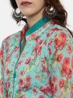 Souchii Women Turquoise Blue & Pink Floral Print Ethnic Maxi Dress | Grocsy