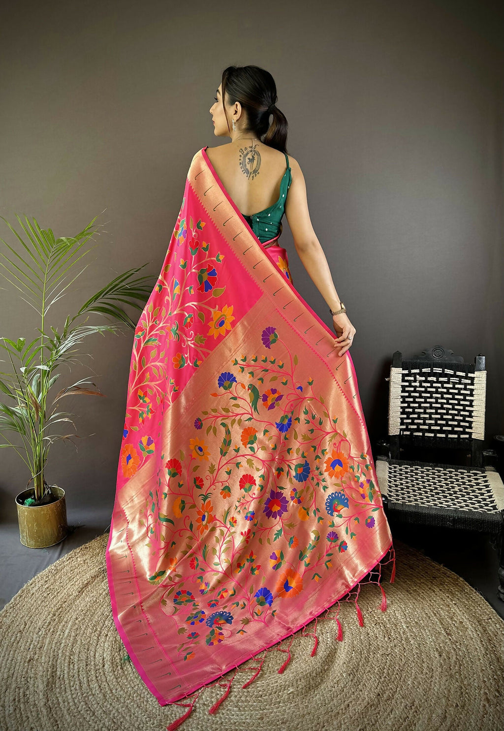 Joban Fashion Reddish Pink Zari Woven Floral Motifs Soft Silk Paithani Silk Saree | Grocsy