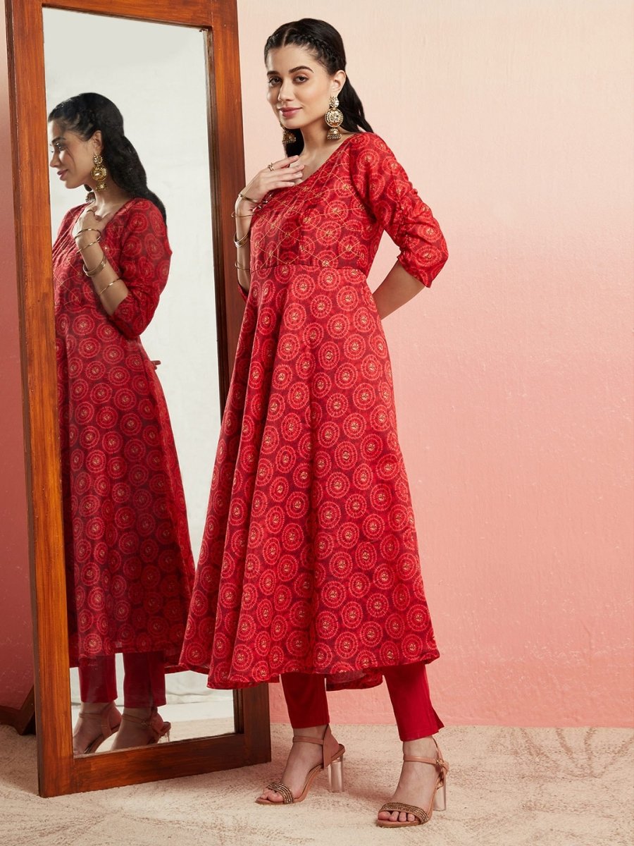 Aks Ethnic Motifs Printed Sequined Detailed Chanderi Silk Anarkali Kurta | Grocsy