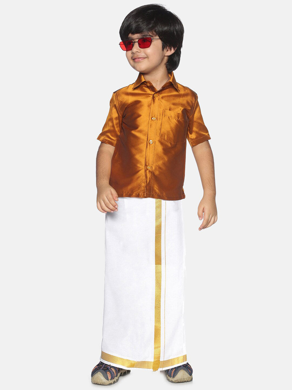Sethukrishna Boys Mustard Brown & White Solid Shirt and Veshti Set | Grocsy