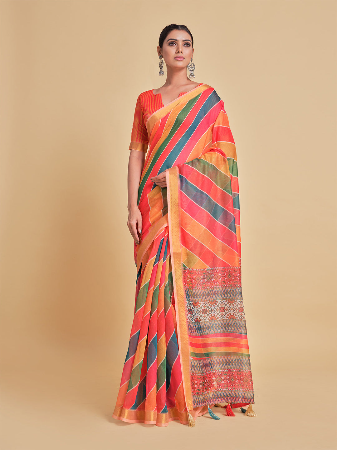 Sangria Orange & Green Printed Pure Cotton Saree | Grocsy