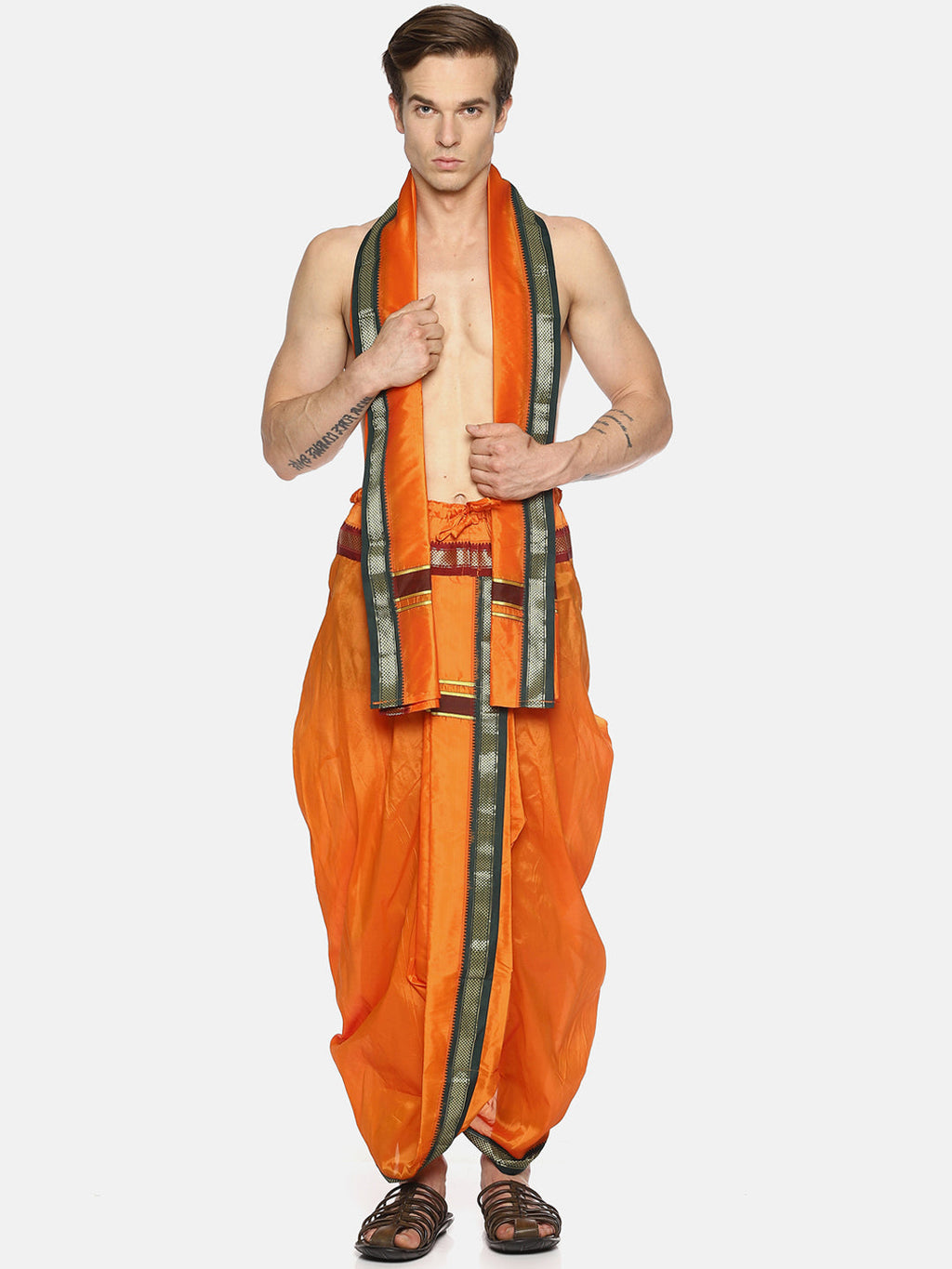 Sethukrishna Men Orange Solid Readymade Dhoti Pants With Angavastram | Grocsy