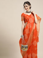 Saree Mall Ethnic Motifs Linen Blend Saree with Woven Design Border | Grocsy