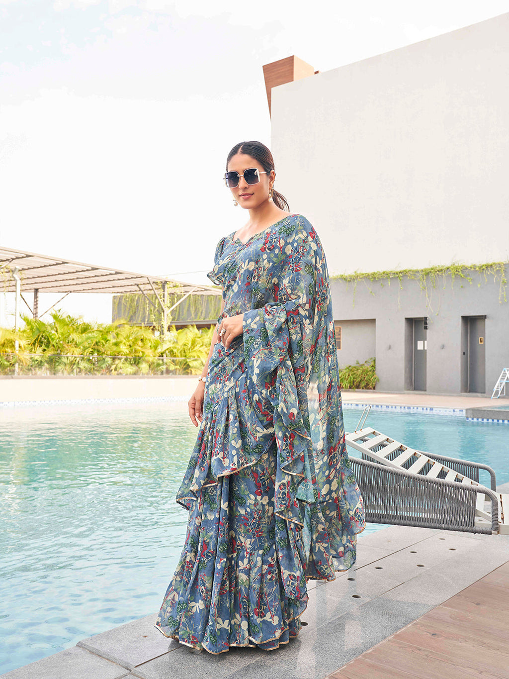 Tikhi Imli Floral printed ruffled saree | Grocsy