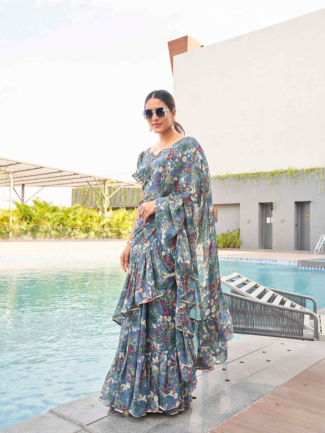 Tikhi Imli Floral printed ruffled saree | Grocsy