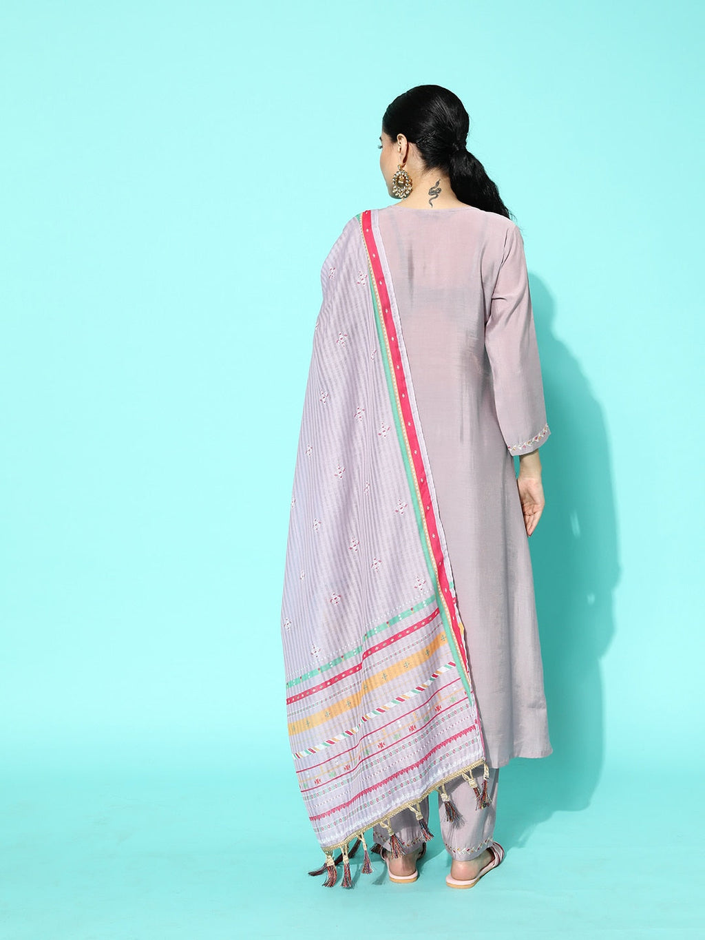 Sangria Women Lavender Ethnic Motifs Yoke Design Regular Thread Work Kurta with Trousers & With Dupatta | Grocsy