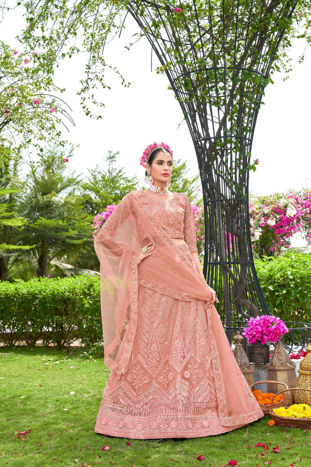 Peach Net Embroidered Semi Stitched Lehenga Choli with Dupatta - Bhagya | Grocsy