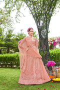 Peach Net Embroidered Semi Stitched Lehenga Choli with Dupatta - Bhagya | Grocsy