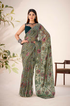Vastranavya Mehendi Lurex Brasso Floral Printed Saree with Unstitched Blouse | Grocsy