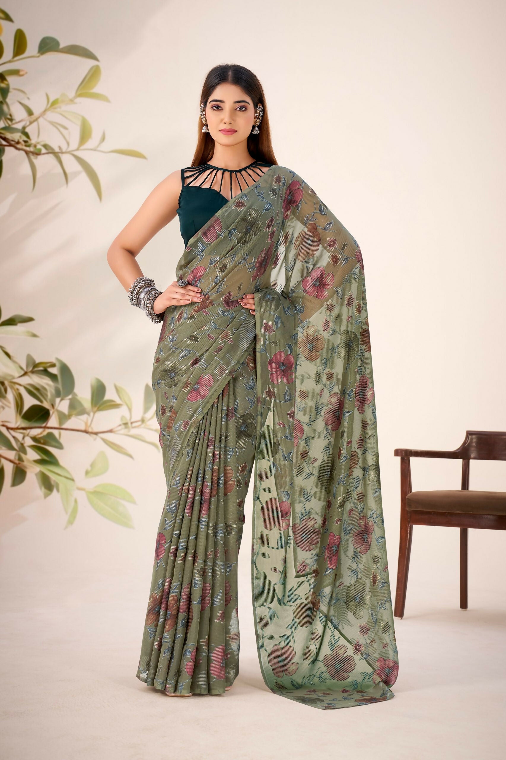 Vastranavya Mehendi Lurex Brasso Floral Printed Saree with Unstitched Blouse | Grocsy