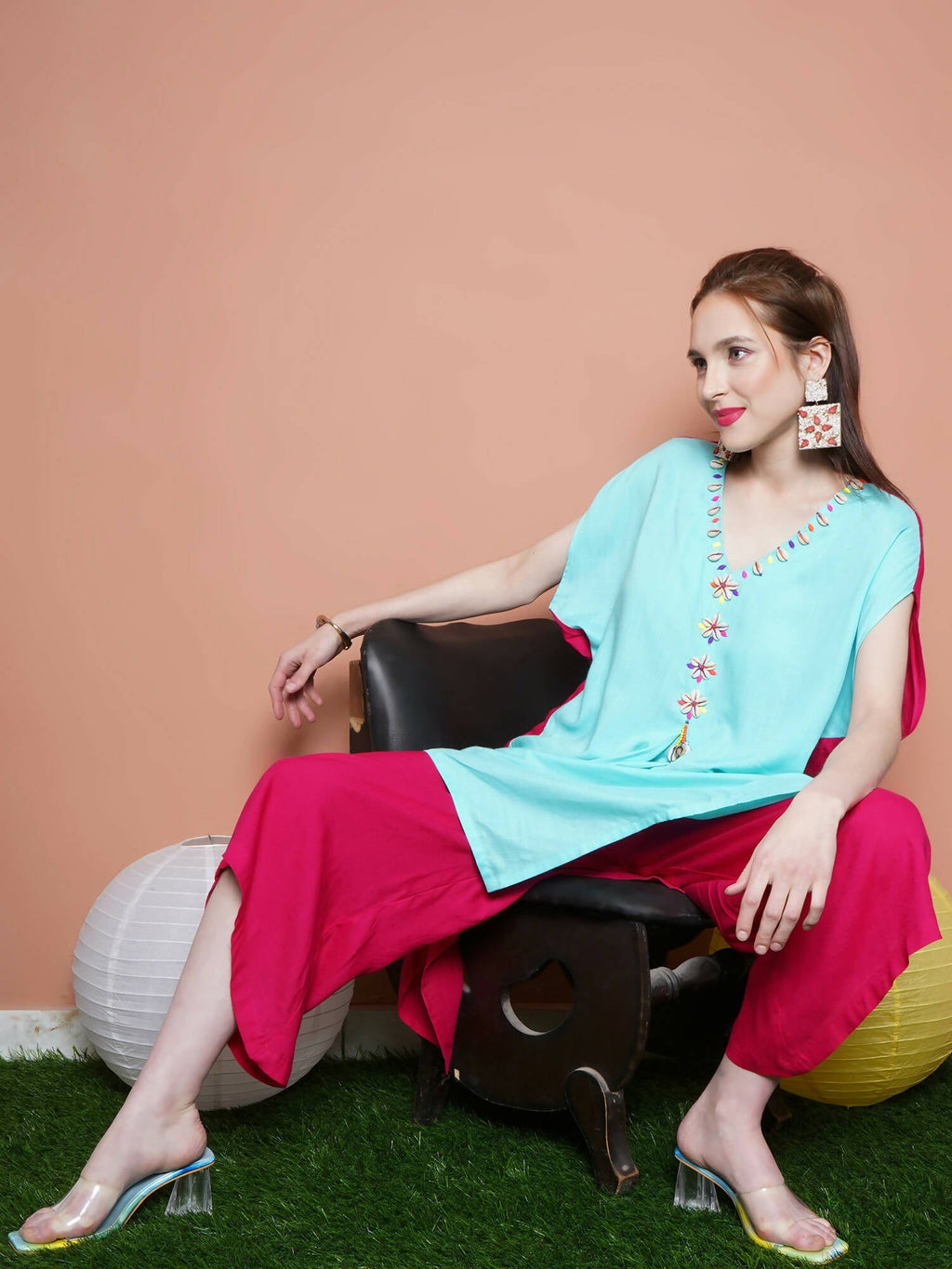 Women Republic Blue And Pink Assyemtrical Kurta Set | Grocsy