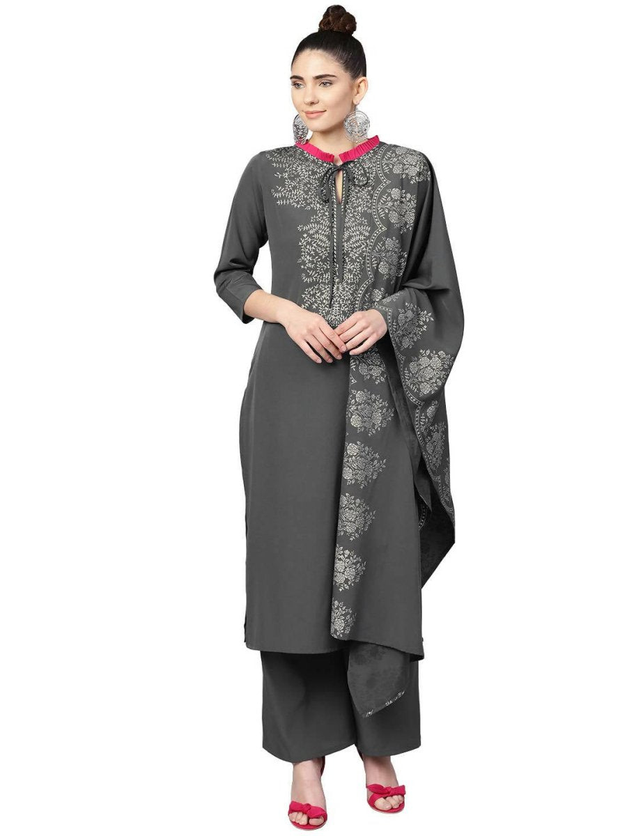 Ahalyaa Grey Crepe Printed Kurta Palazzo Set With Dupatta | Grocsy