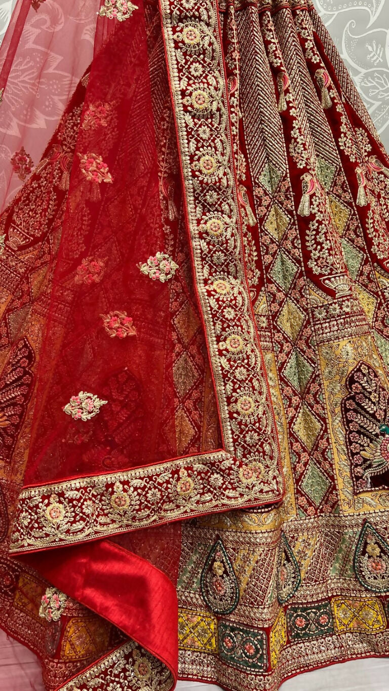 Jyoti Fashion Women's Red Velvet Fancy Dori, Zari with Multi Thread Embroidered Wedding Lehenga Choli | Grocsy