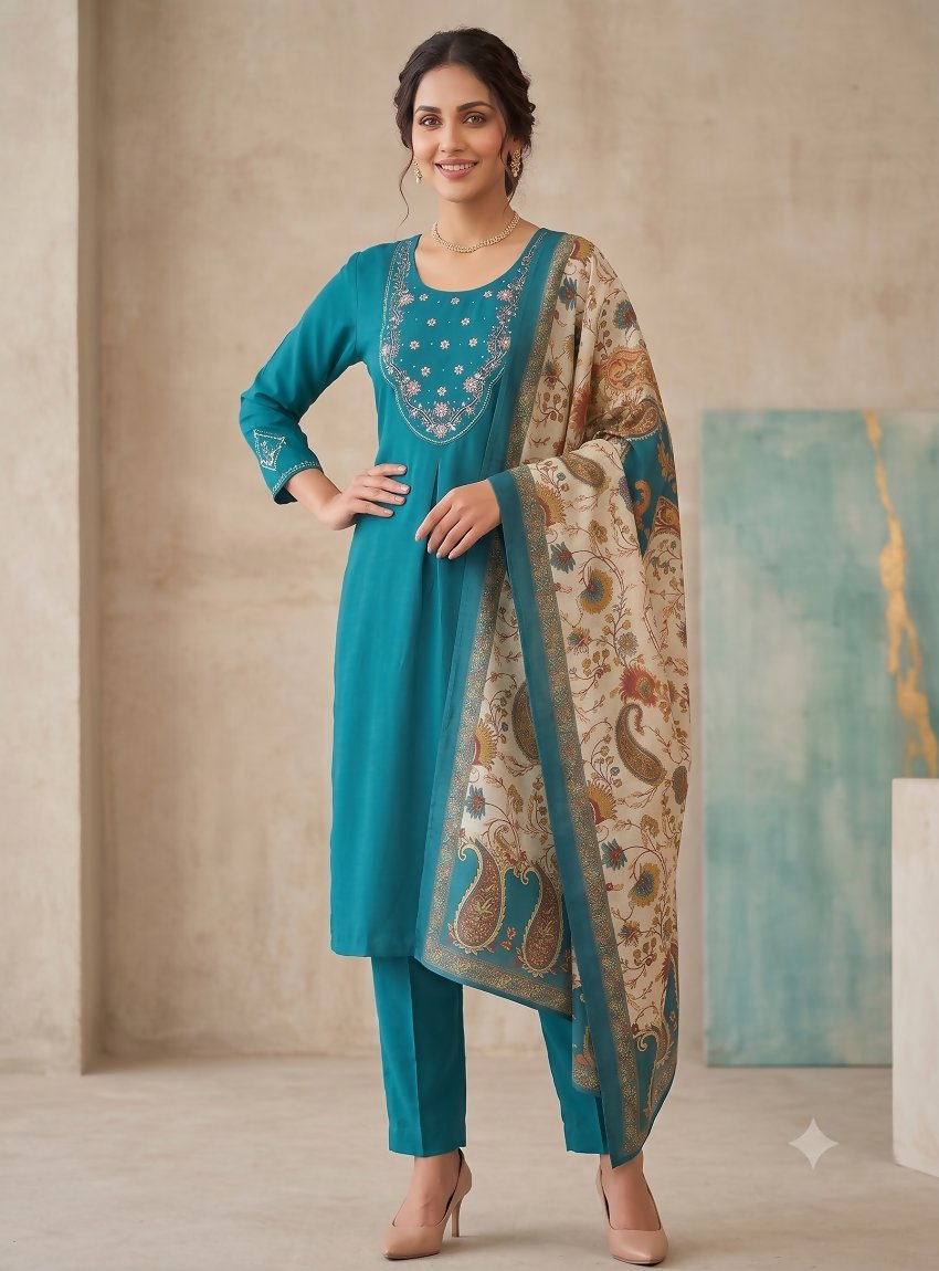 Teeya Creation Women Rama Green Embroidered Kurta Pant Set With Dupatta | Grocsy