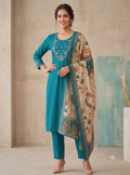 Teeya Creation Women Rama Green Embroidered Kurta Pant Set With Dupatta | Grocsy