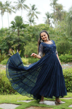 Vastranavya Premium Designer Faux Blooming with Embroidery Zari Sequins work Gown - Navy Blue | Grocsy