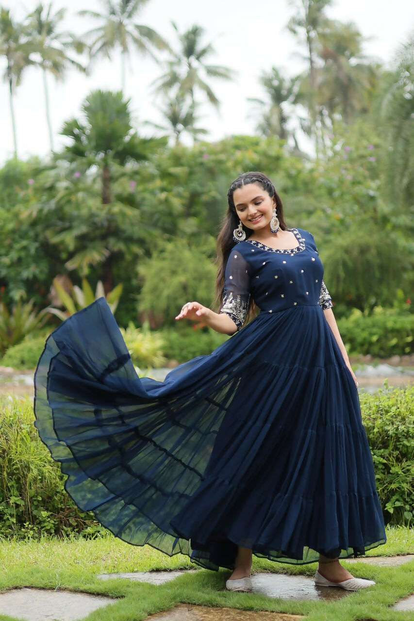 Vastranavya Premium Designer Faux Blooming with Embroidery Zari Sequins work Gown - Navy Blue | Grocsy