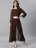 Janasya Women Brown High Slit Floor Length Anarkali Kurta & Trousers | Grocsy