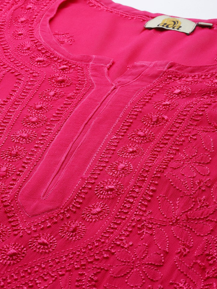 ADA Women Magenta & Magenta Ethnic Motifs Embroidered Chikankari Georgette Kurta | Grocsy