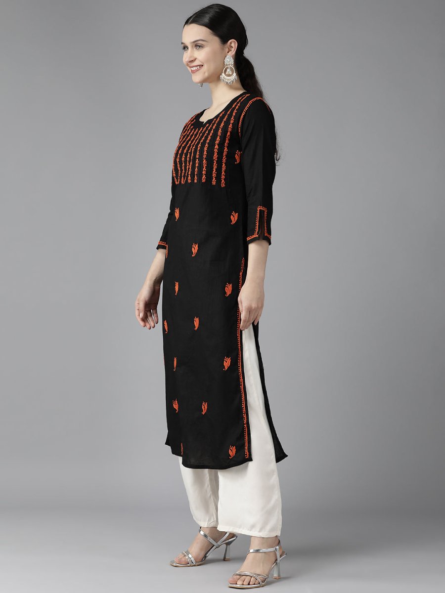 ADA Women Black & Orange Ethnic Motifs Embroidered Chikankari Kurta | Grocsy