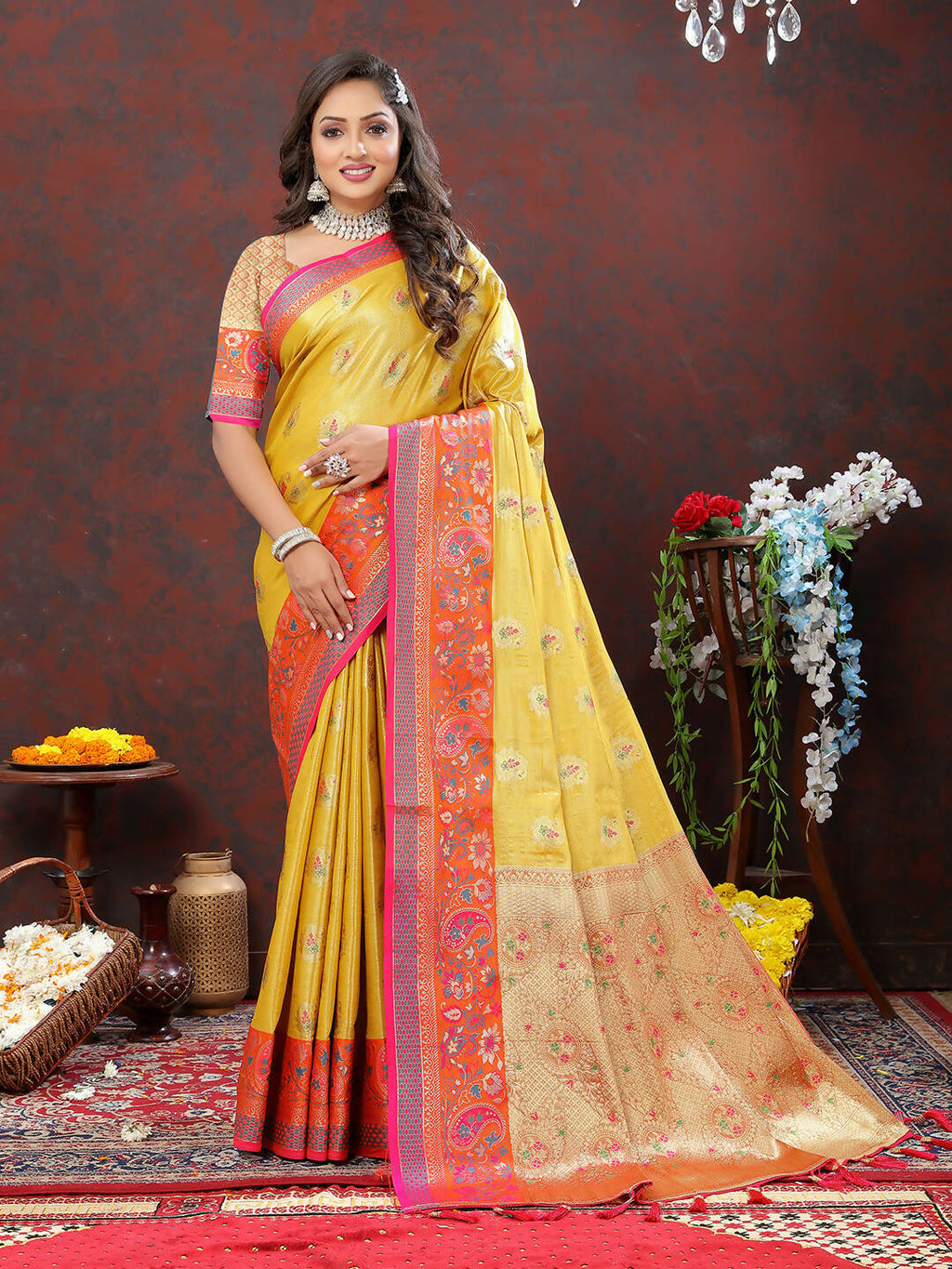 Lorenvalley Fashion Yellow Kanjivaram Silk Woven Design with Zari Weaving Saree | Grocsy