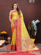 Lorenvalley Fashion Yellow Kanjivaram Silk Woven Design with Zari Weaving Saree | Grocsy