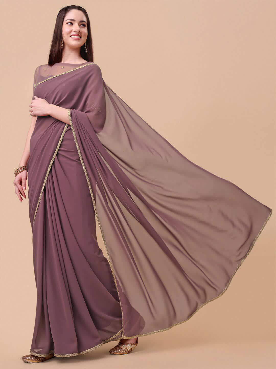 Sangria Mauve Embroidered Poly Georgette Saree | Grocsy