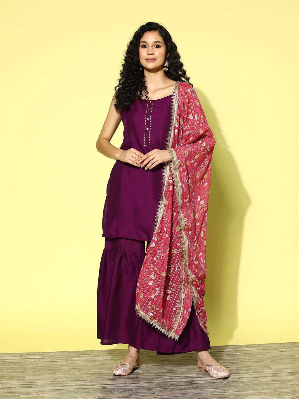 HERE&NOW Gotta Patti Detail Kurta with Sharara & Dupatta | Grocsy
