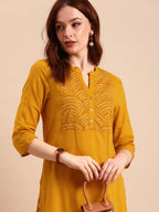 All About You Women Yellow Bandhani Yoke Design Pure Cotton Kurta | Grocsy