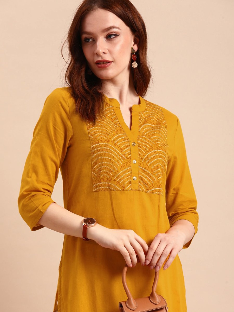 All About You Women Yellow Bandhani Yoke Design Pure Cotton Kurta | Grocsy