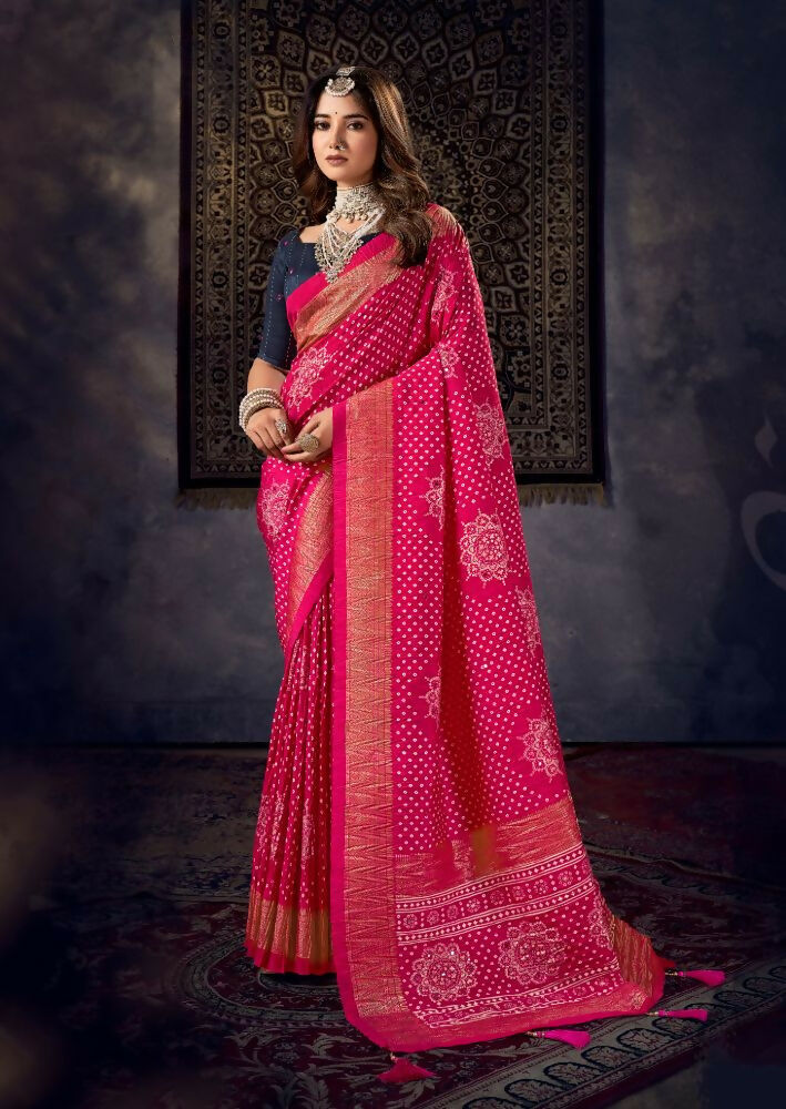 Joban Fashion Rani Dola Silk Foil Print Zari Border Work Saree | Grocsy