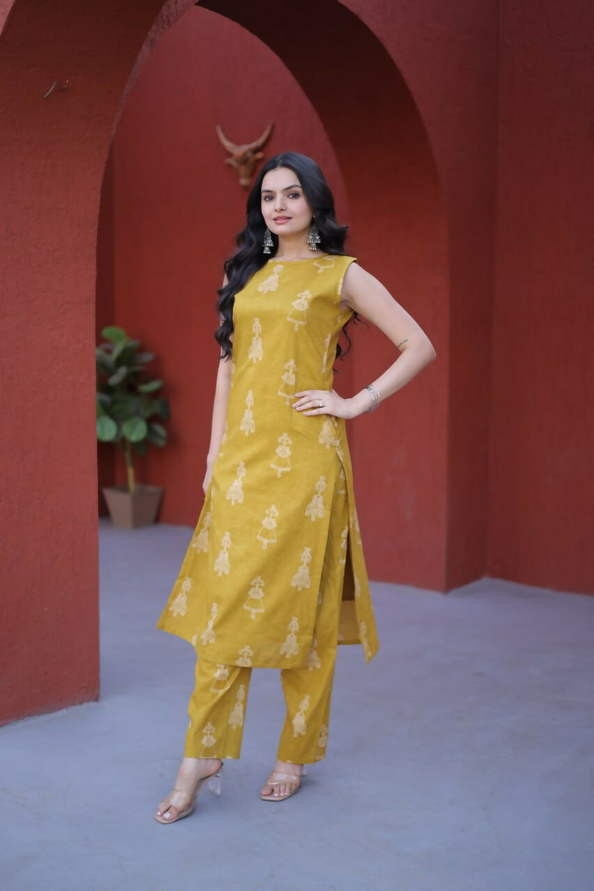 Teeya Creation Womens New Trendy Summer War Printed Cotton Gown Set-Yellow | Grocsy