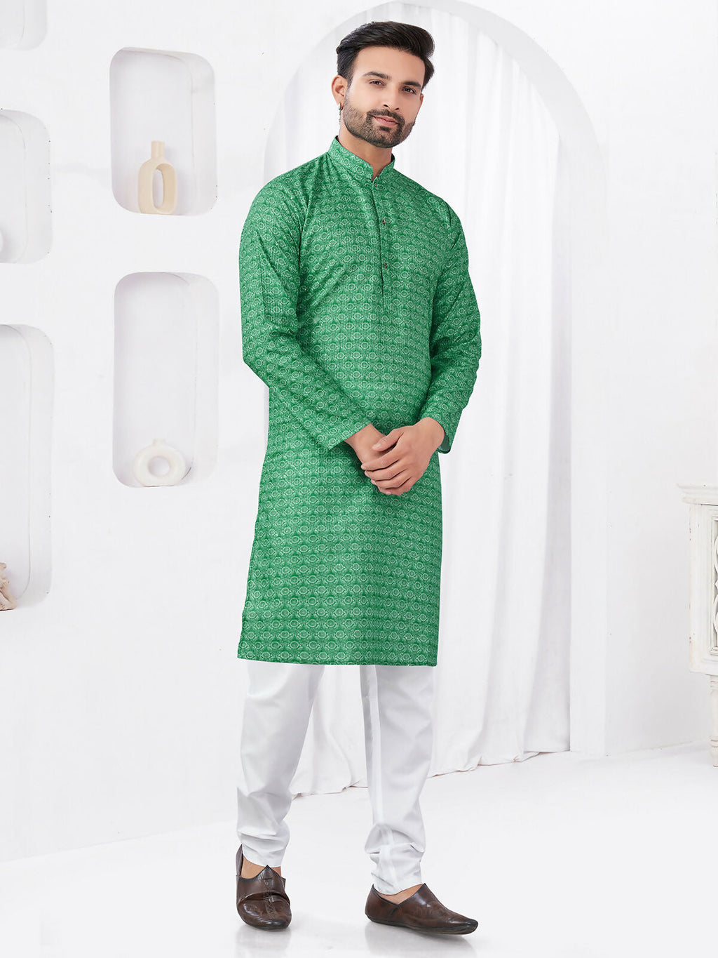 Joban Fashion Men's Rayon Cotton Green Printed Kurta Pyjama set | Grocsy