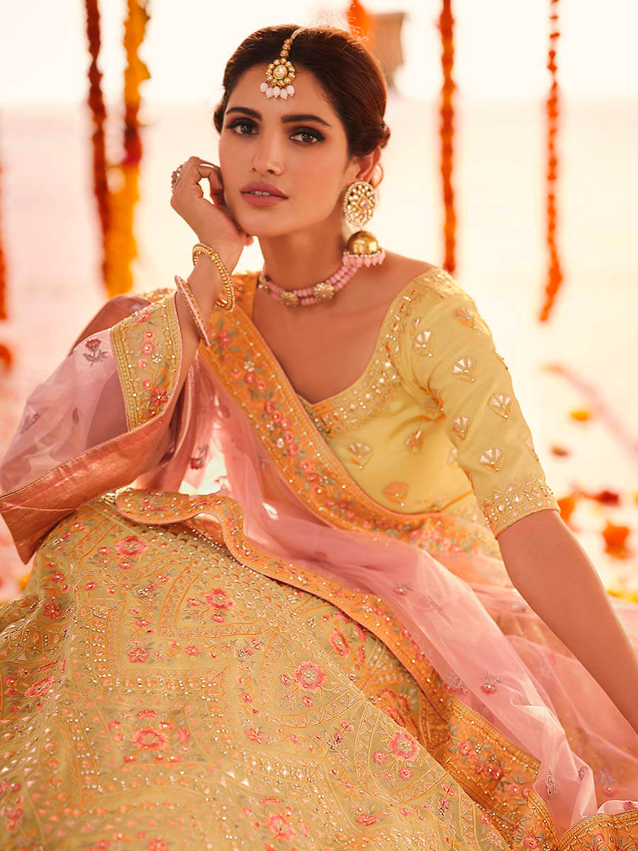 Myra Yellow Organza Embroidered Designer Lehenga | Grocsy