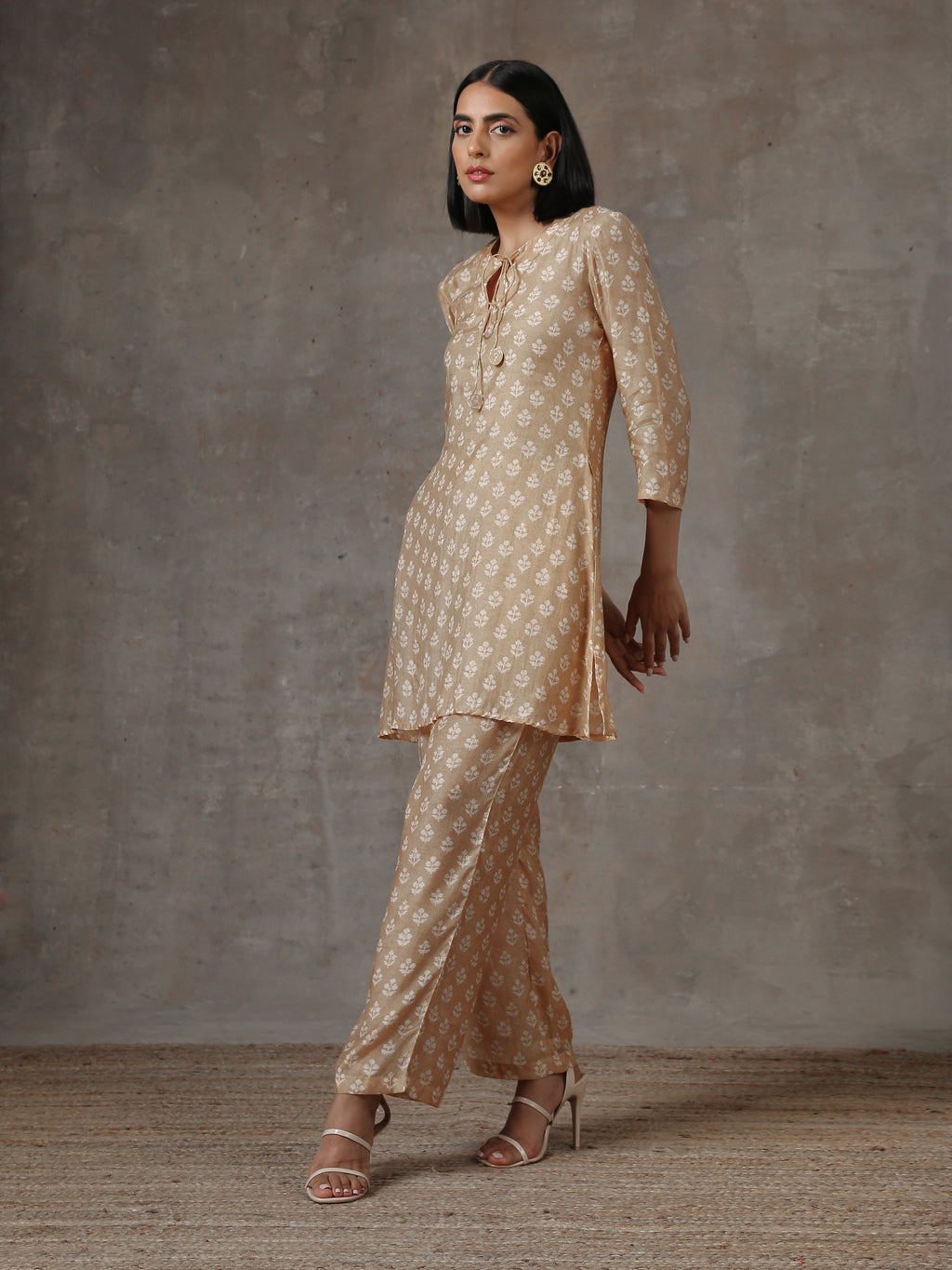 trueBrowns Beige White Printed Silk Co-Ord Set | Grocsy