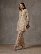 trueBrowns Beige White Printed Silk Co-Ord Set | Grocsy