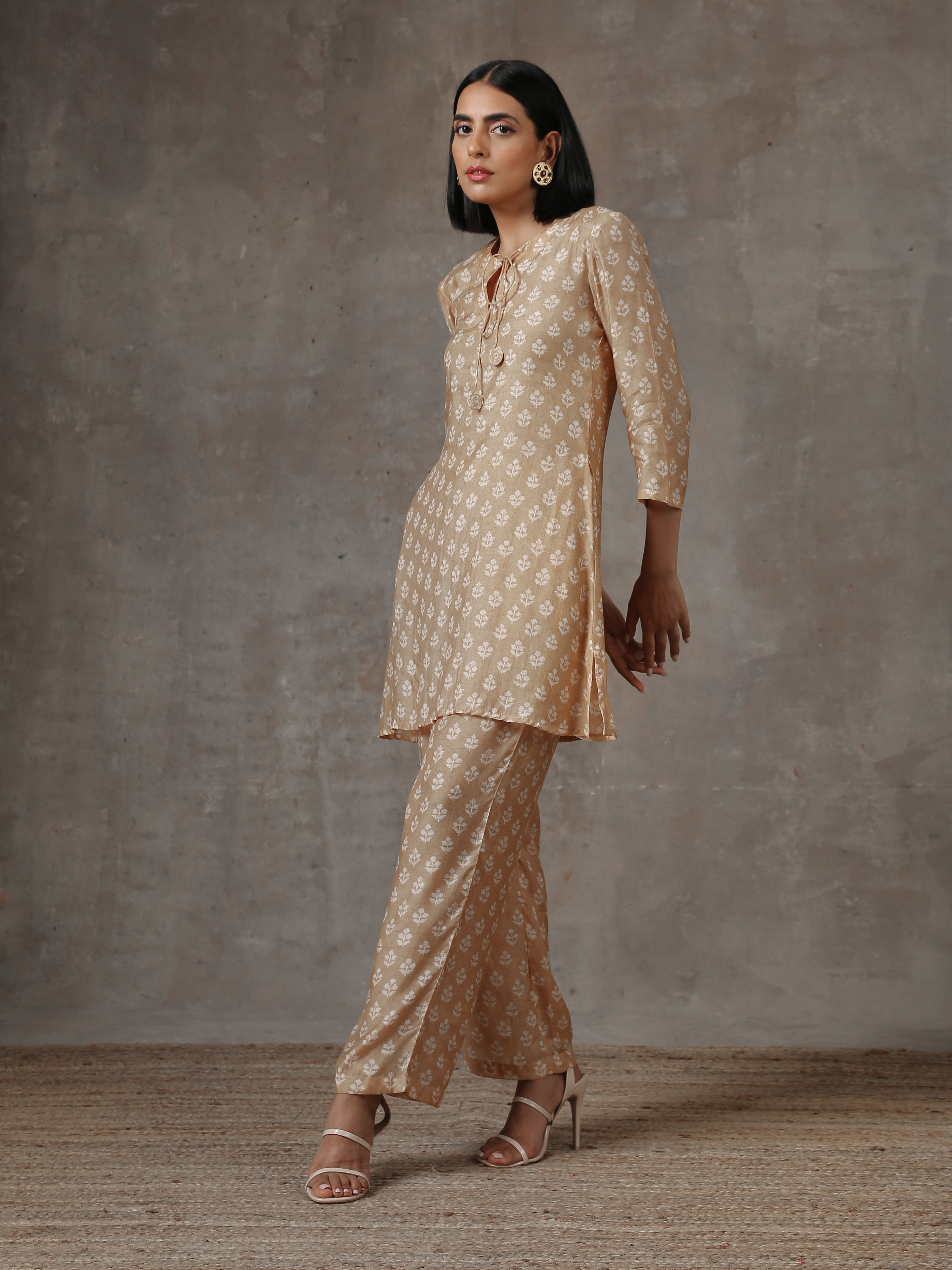 trueBrowns Beige White Printed Silk Co-Ord Set | Grocsy