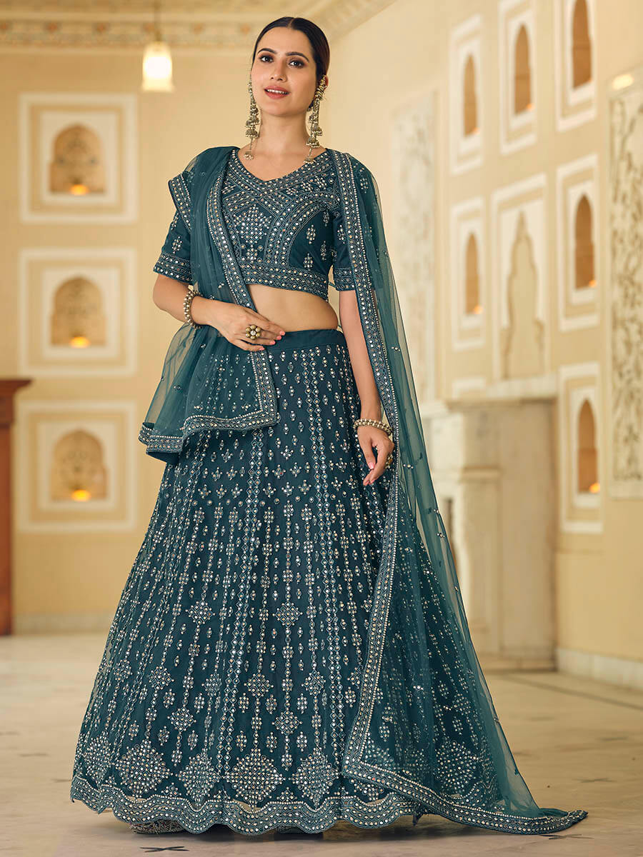 Myra Rama Blue Soft Net Embroidered Lehenga | Grocsy