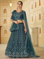 Myra Rama Blue Soft Net Embroidered Lehenga | Grocsy