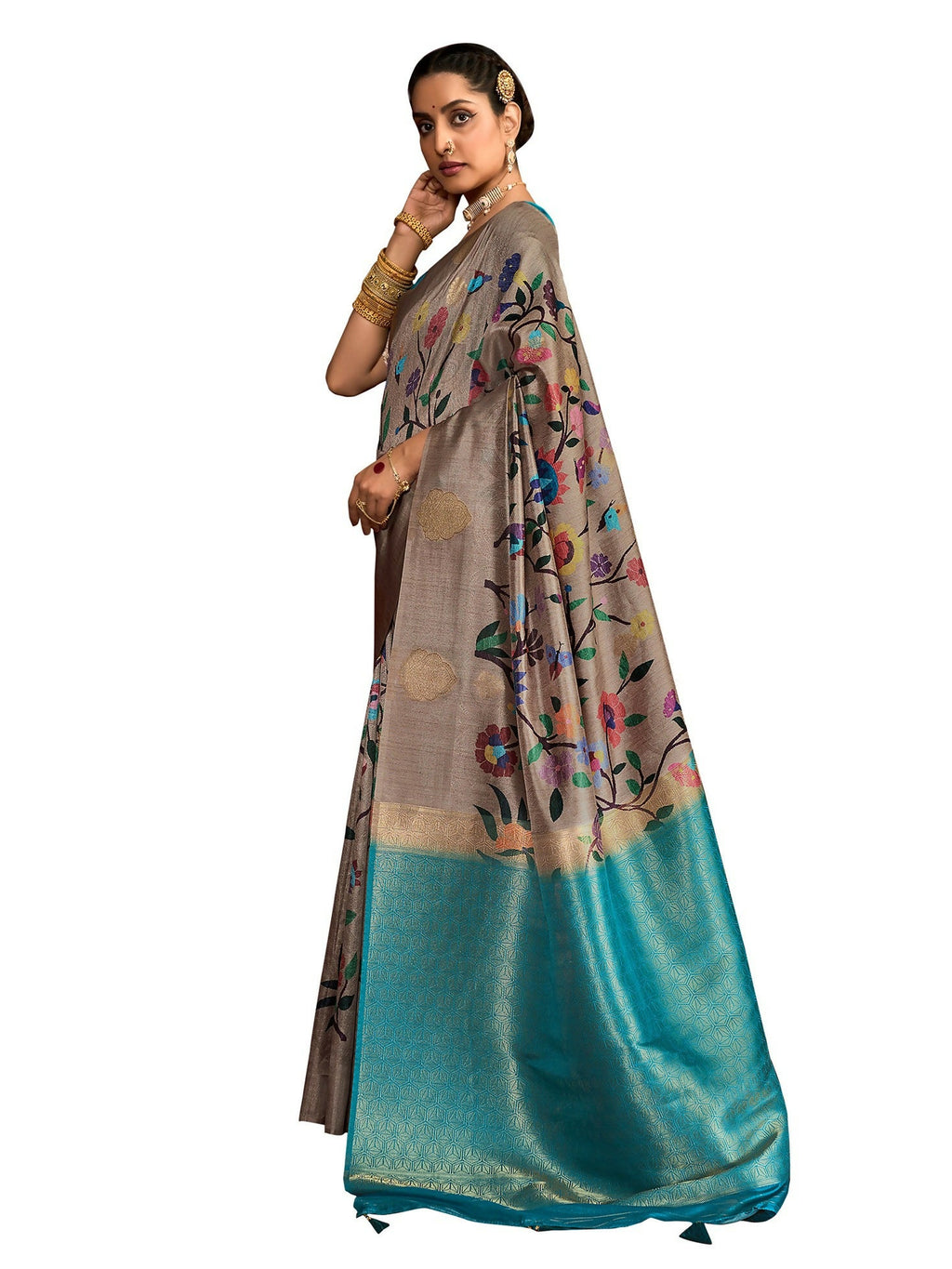 Joban Fashion Multi Color Soft Silk Weaving Fabric With Digital Jamdani Print With Jacquard Rich Pallu & Blouse With Spring Tassels | Grocsy