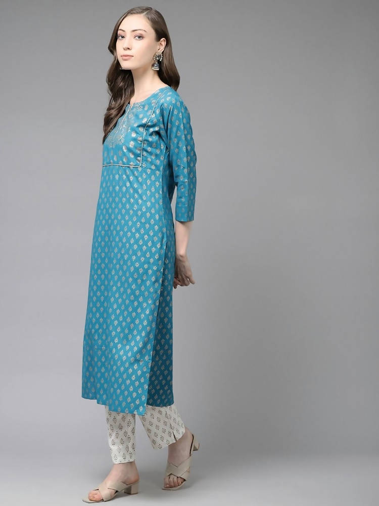 Yufta Women Teal Blue & Off-White Printed Kurta with Trouser & Dupatta | Grocsy