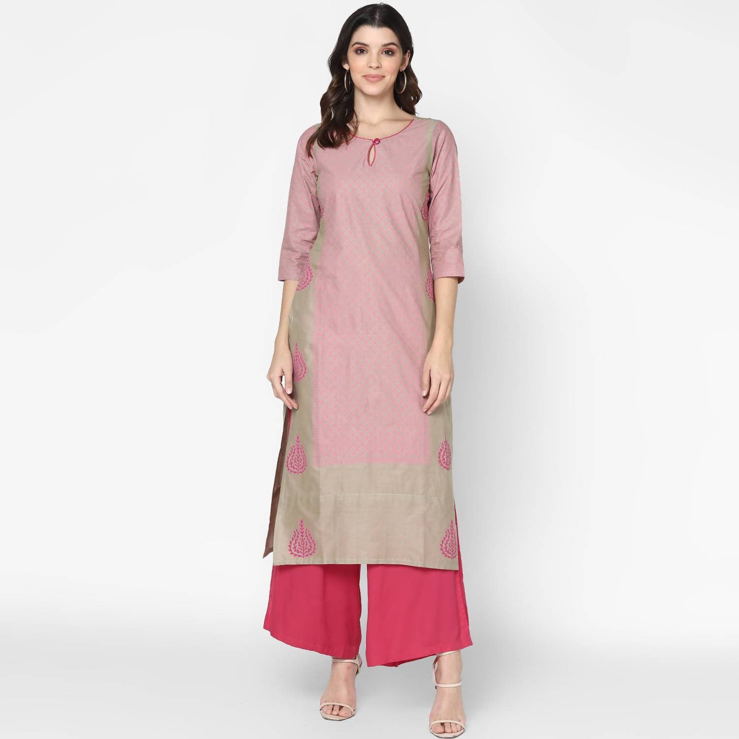 Cheera Hand Block Print Khaki Straight Kurta (MAAI-051K) | Grocsy