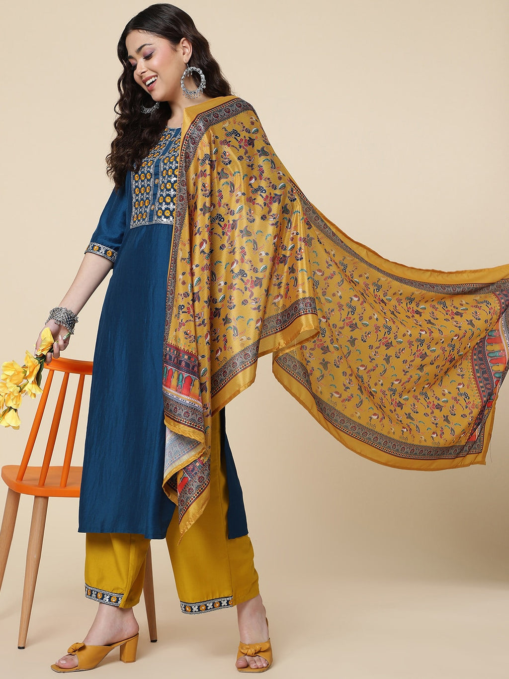 HERE&NOW Ethnic Motifs Embroidered Mirror Work Jute Silk Kurta with Trousers & Dupatta | Grocsy