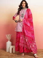 Sangria Floral Printed Pure Cotton Kurti With Sharara & Dupatta | Grocsy