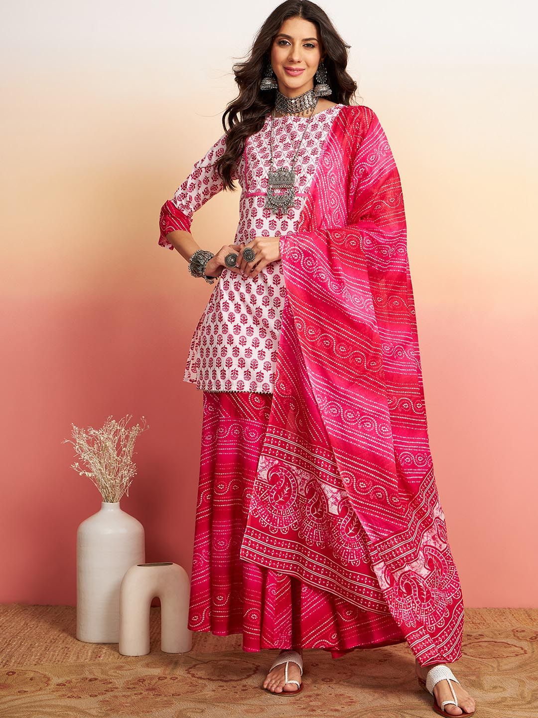 Sangria Floral Printed Pure Cotton Kurti With Sharara & Dupatta | Grocsy