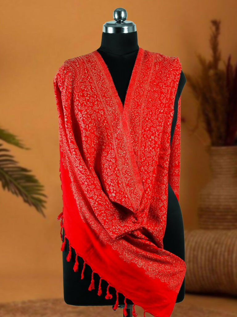 Weaving Mystery Handloom Pashmina Shawl-Kaani Zari - Red | Grocsy