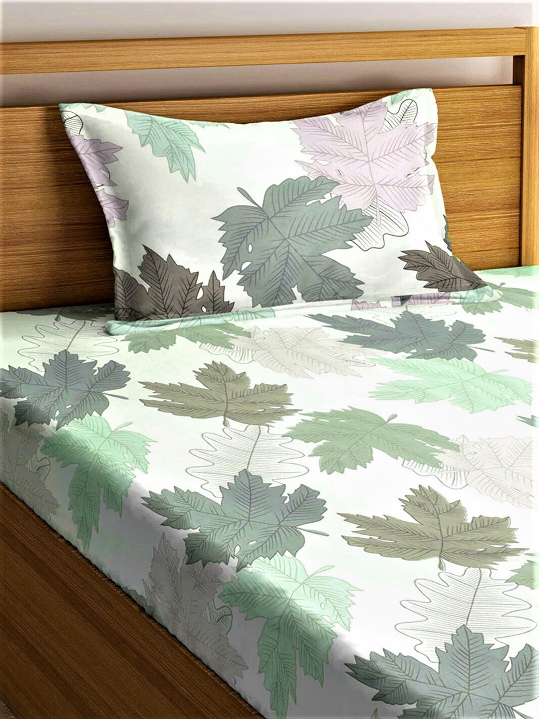Home Sizzler White & Green Floral 210 TC Bedsheet with Pillow Covers | Grocsy